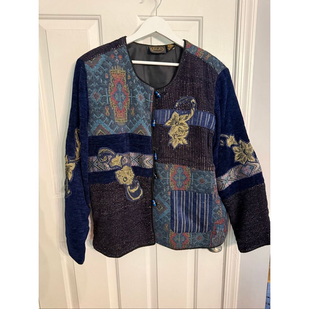 Vintage Julia Kim Blue & Gold Mixed Patch Blazer  Jacket sz XL EUC